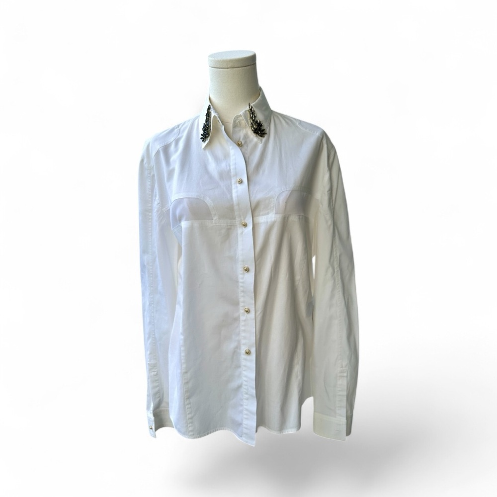 Just Cavalli  White Blouse with Mesh & Brooch Detail – Size M